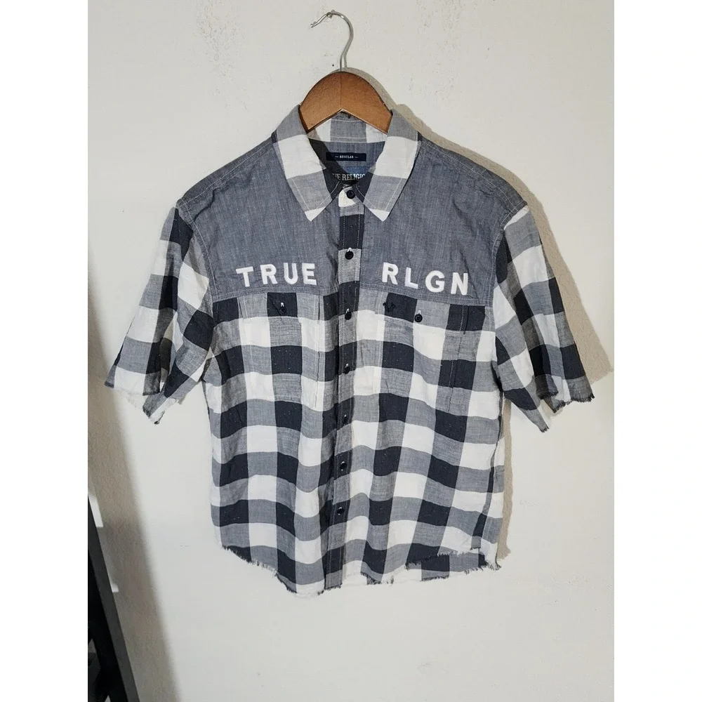 True Religion Men Shirts Plaid Black Grey Checker Gray small new w tag. bin 32